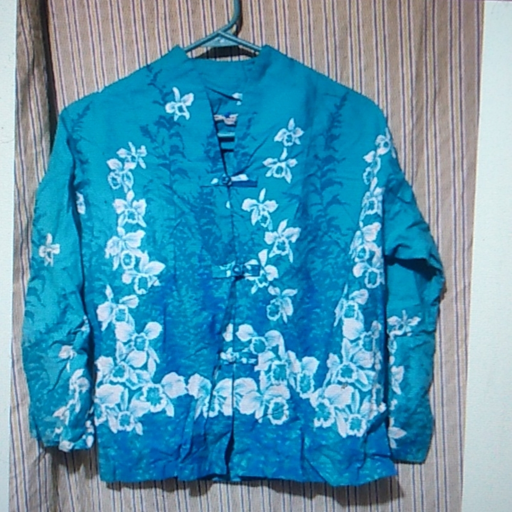 SEAFOAM TURQUOISE VINTAGE TROPICAL PRINT BLOUSE TOP SMALL
